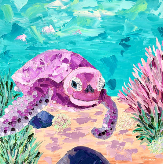 Travelling Turtle – Colourful Turtle Oil Painting by Cassie Holmes