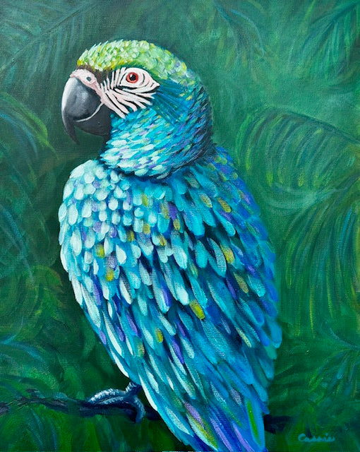 Vibrant parrot painting titled Jewelled Feathers by Australian artist Cassie Holmes, featuring blue, green, and lilac feathers painted in acrylic and oil.