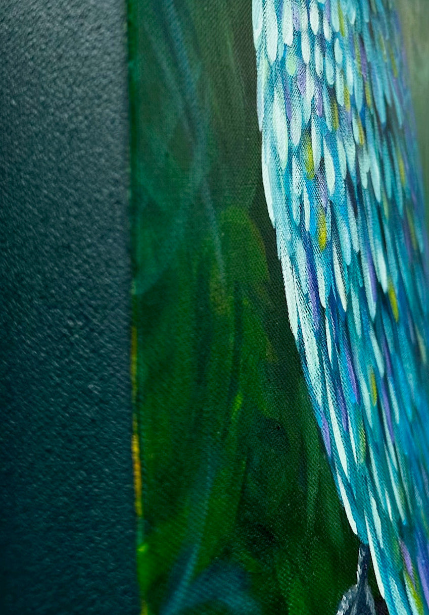 Vibrant parrot painting titled Jewelled Feathers by Australian artist Cassie Holmes, featuring blue, green, and lilac feathers painted in acrylic and oil.