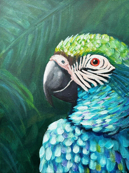 Vibrant parrot painting titled Jewelled Feathers by Australian artist Cassie Holmes, featuring blue, green, and lilac feathers painted in acrylic and oil.