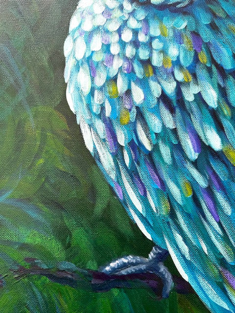 Vibrant parrot painting titled Jewelled Feathers by Australian artist Cassie Holmes, featuring blue, green, and lilac feathers painted in acrylic and oil.