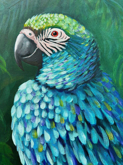 Vibrant parrot painting titled Jewelled Feathers by Australian artist Cassie Holmes, featuring blue, green, and lilac feathers painted in acrylic and oil.