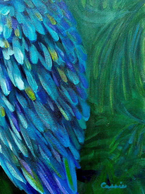 Vibrant parrot painting titled Jewelled Feathers by Australian artist Cassie Holmes, featuring blue, green, and lilac feathers painted in acrylic and oil.