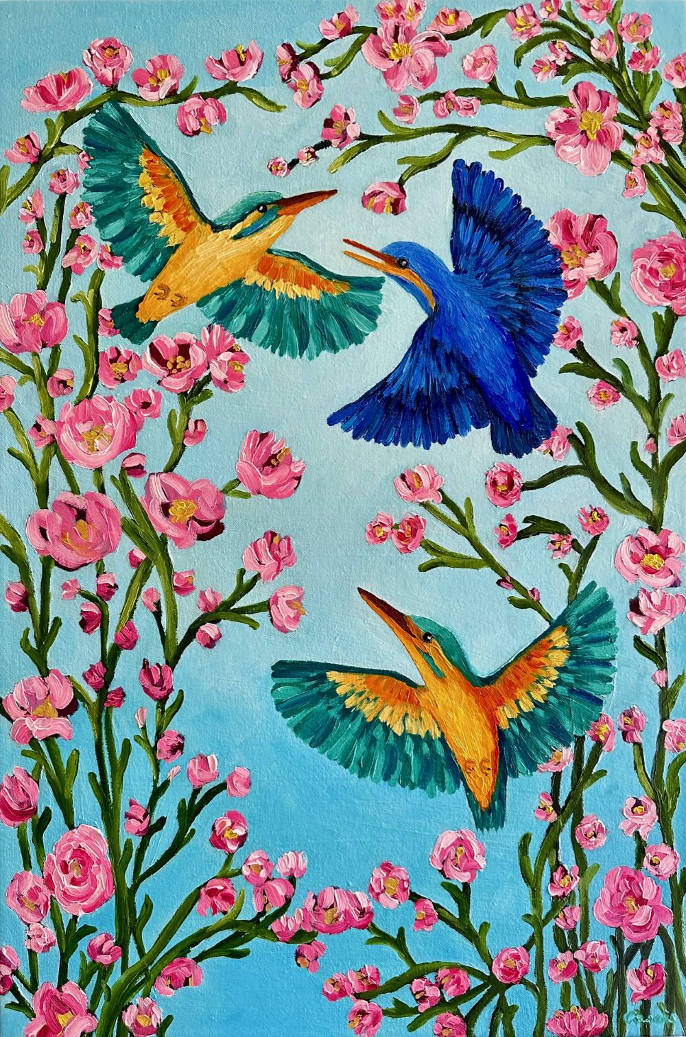 Kingfishers in Flight – Original Oil Painting by Cassie Holmes