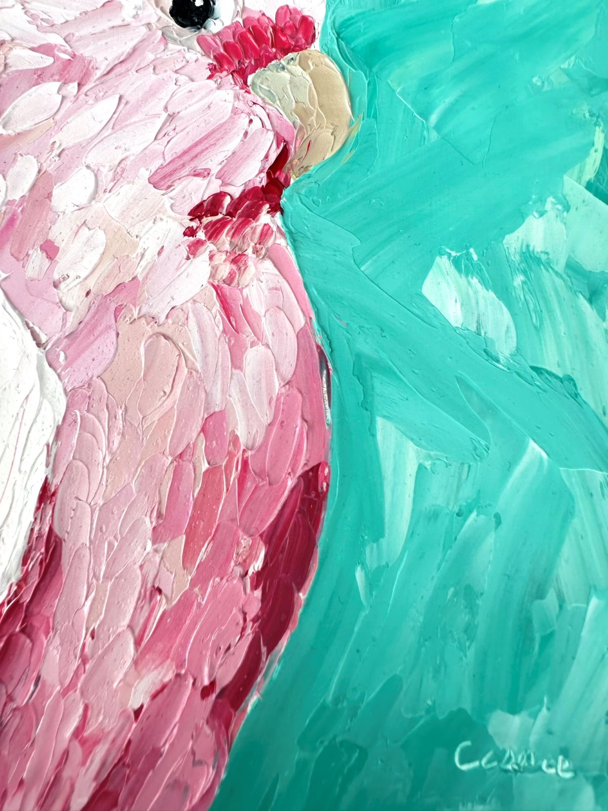 Pink Tranquillity - Original Pink Cockatoo Oil Painting by Cassie Holmes