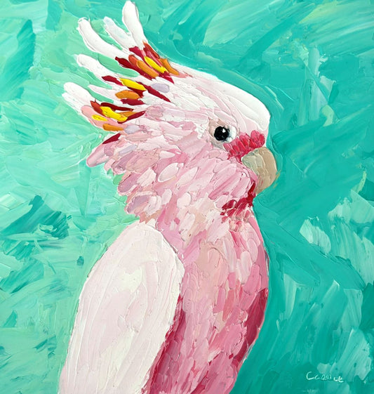 Pink Tranquillity - Original Pink Cockatoo Oil Painting by Cassie Holmes