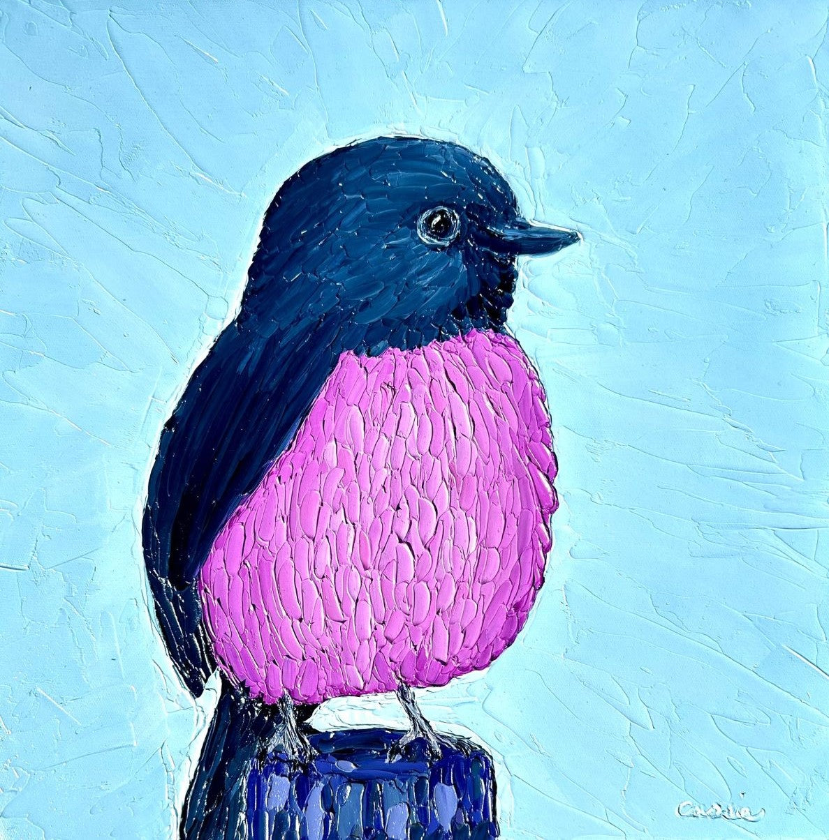 Pink Fluffball - Original Bird Oil Painting by Cassie Holmes