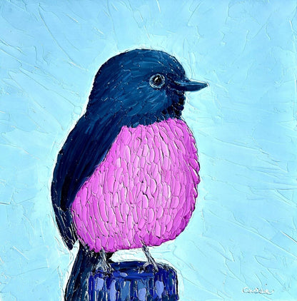 Pink Fluffball - Original Bird Oil Painting by Cassie Holmes