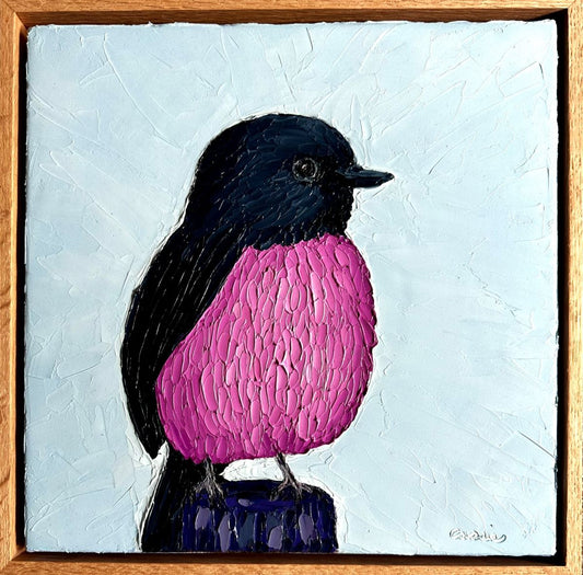 Pink Fluffball - Original Bird Oil Painting by Cassie Holmes