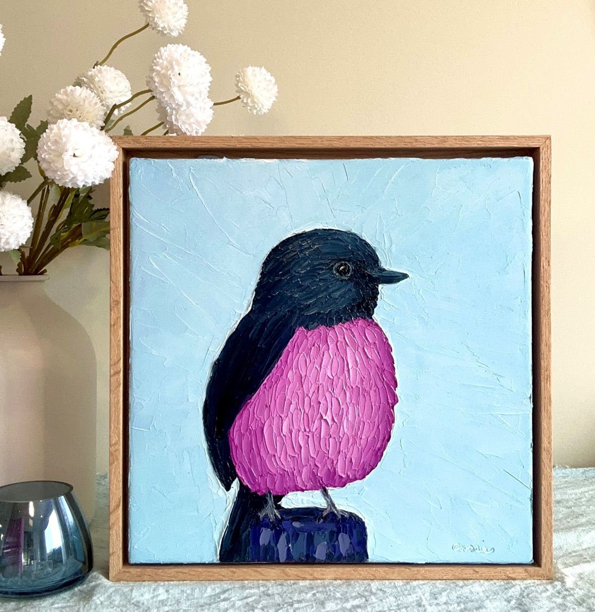 Pink Fluffball - Original Bird Oil Painting by Cassie Holmes