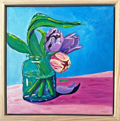 Sheltered Tulips – Original Tulip Oil Painting by Cassie Holmes