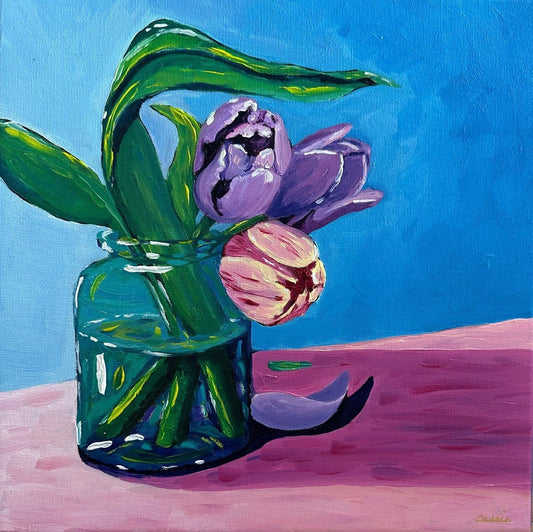 Sheltered Tulips – Original Tulip Oil Painting by Cassie Holmes