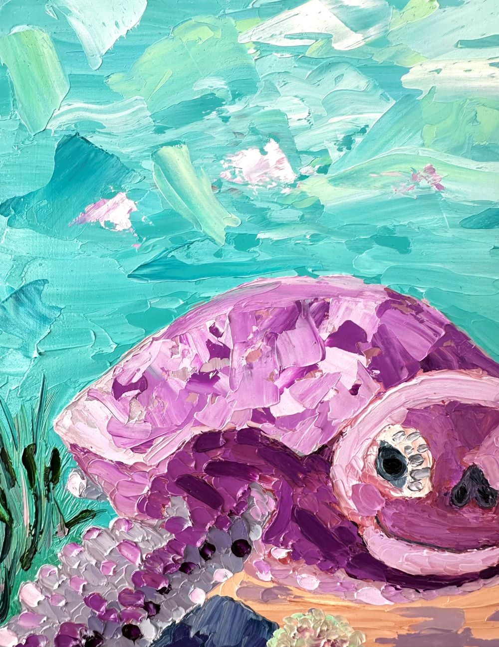 Travelling Turtle – Colourful Turtle Oil Painting by Cassie Holmes