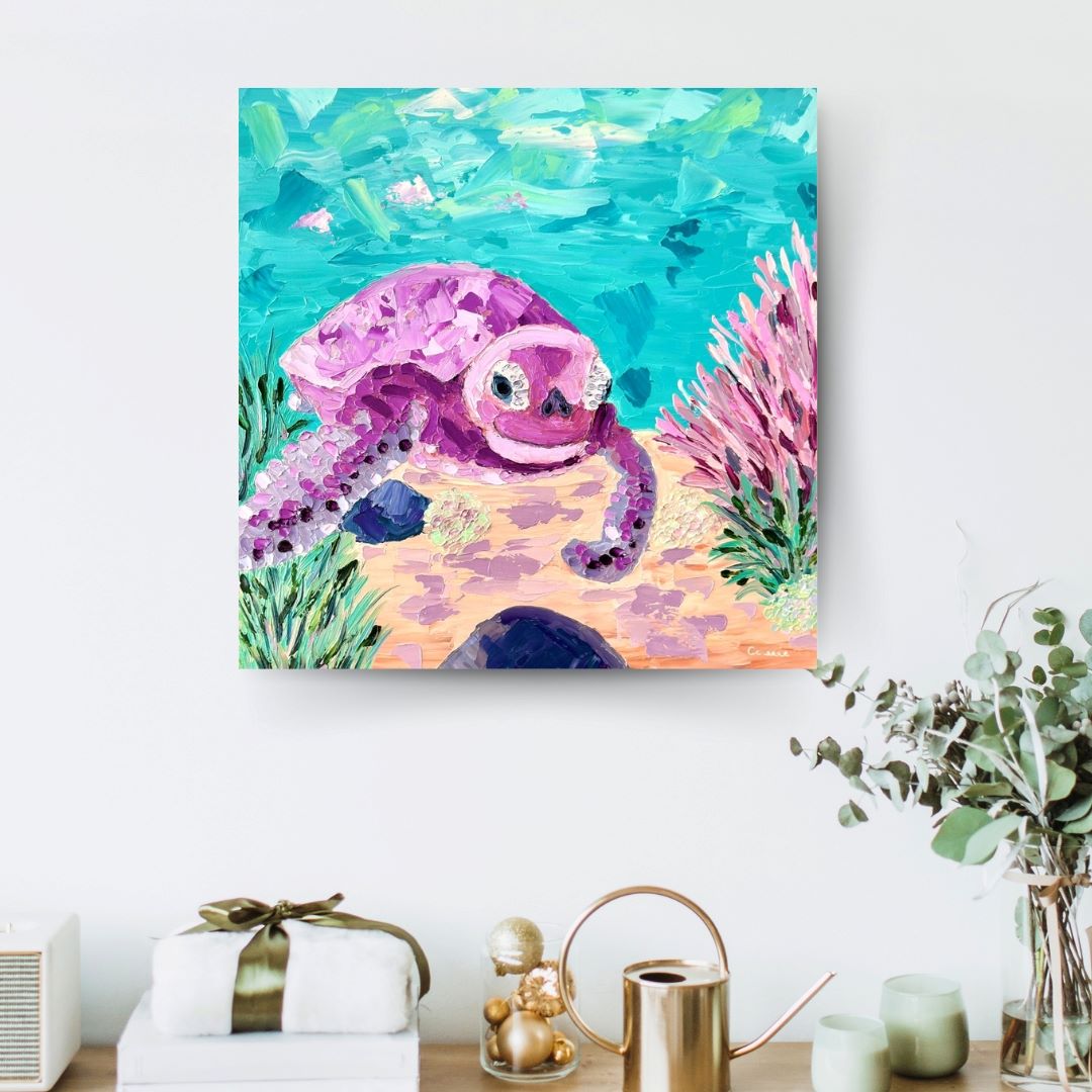 Travelling Turtle – Colourful Turtle Oil Painting by Cassie Holmes