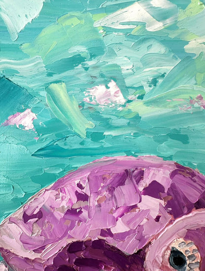 Travelling Turtle – Colourful Turtle Oil Painting by Cassie Holmes